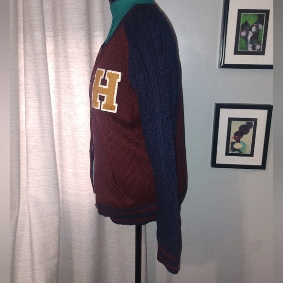 Tommy Hilfiger Burgundy & Navy Varsity Cardigan w Cable Knit Sleeves Sz L NWOT - Picture 10 of 13